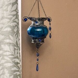 Turkish Glass Blue and Silver Hanging Lantern